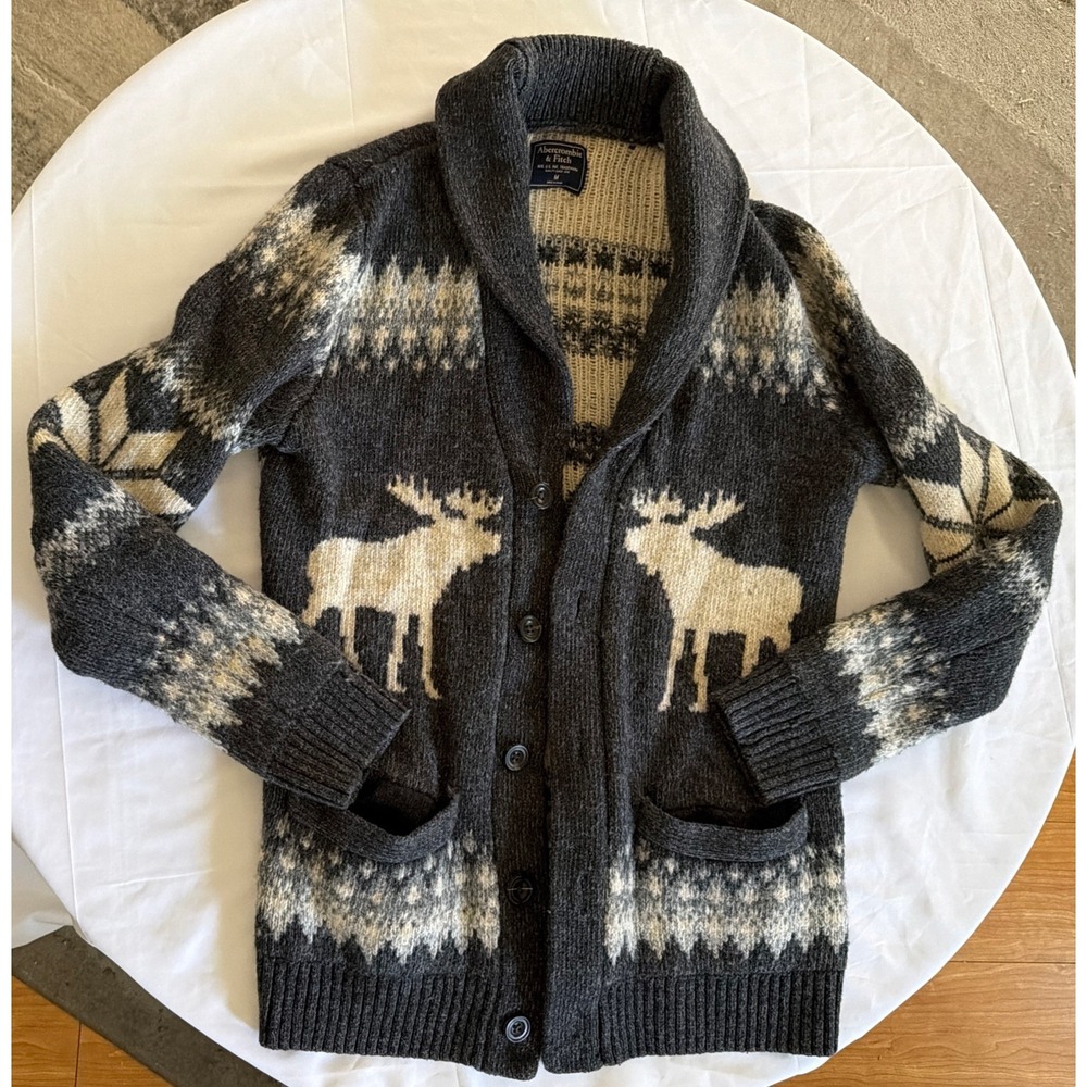 VTG Abercrombie & Fitch Moose Cardigan Shawl Sweater Mens Medium Wool Blend Y2K